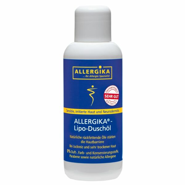 Produktabbildung des ALLERGIKA Lipo-Duschöl bei sensibler Haut und Neurodermitis in einer 200 ml Flasche