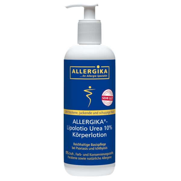 Produktabbildung der ALLERGIKA Lipolotio Urea 10% Körperlotion sehr trockene, juckende und schuppige Haut im 200 ml Spender