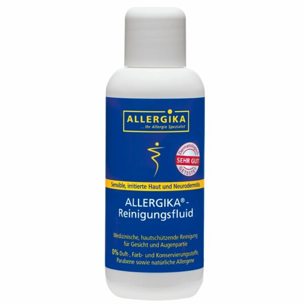 Produktabbildung des ALLERGIKA Reinigungsfluid für das Gesicht und die Augenpartien bei sensibler Haut und Neurodermitis in einer 200 ml Flasche