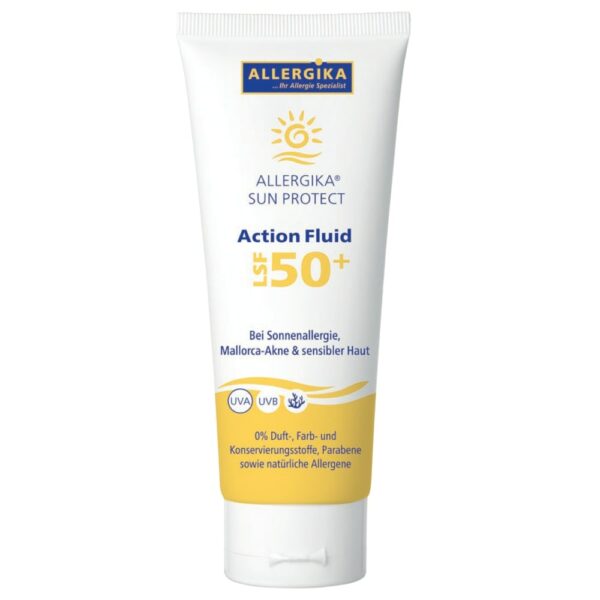 Produktabbildung des ALLERGIKA SUN PROTECT Action Fluid bei Sonnenallergie und Mallorca-Akne im 200 ml Spender