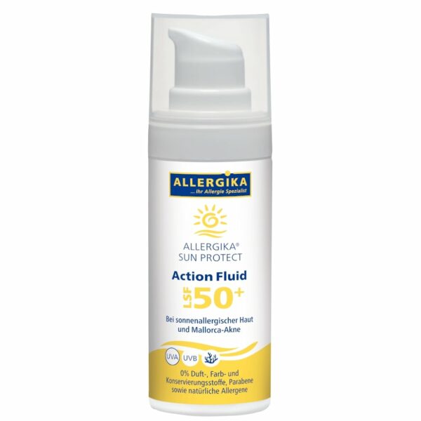 Produktabbildung des ALLERGIKA SUN PROTECT Action Fluid bei Sonnenallergie und Mallorca-Akne im 50 ml Spender