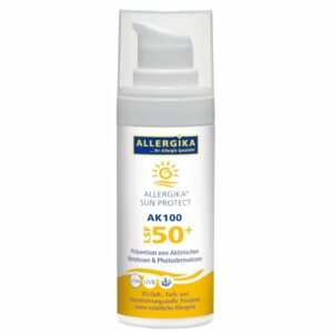 Produktabbildung der ALLERGIKA SUN PROTECT AK100 Sonnencreme zum täglichen Schutz vor Hautkrebs im 50 ml Spender