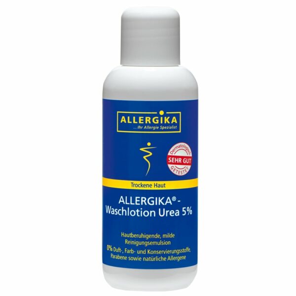 Produktabbildung der ALLERGIKA Waschlotion Urea 5% für allergiegefährdete und trockene Haut in einer 200 ml Flasche