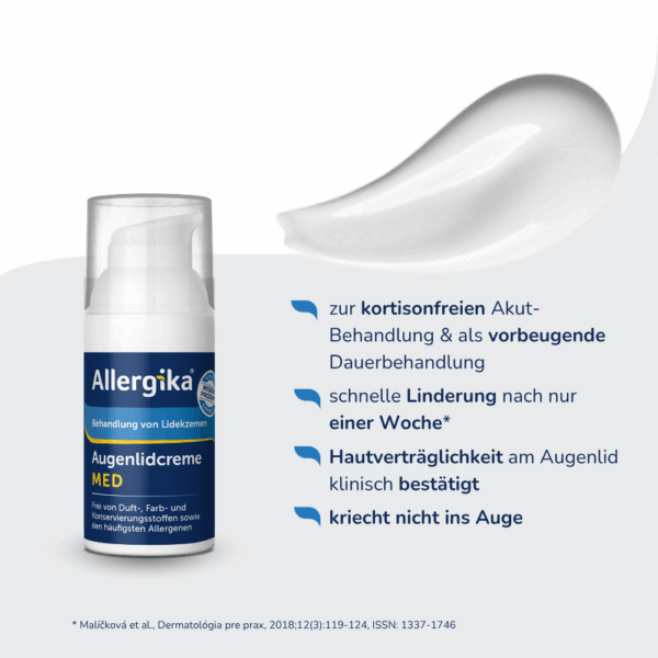 Produktabbildung mit den Vorteilen zum Medizinprodukt bei der Augenlidcreme MED von Allergika