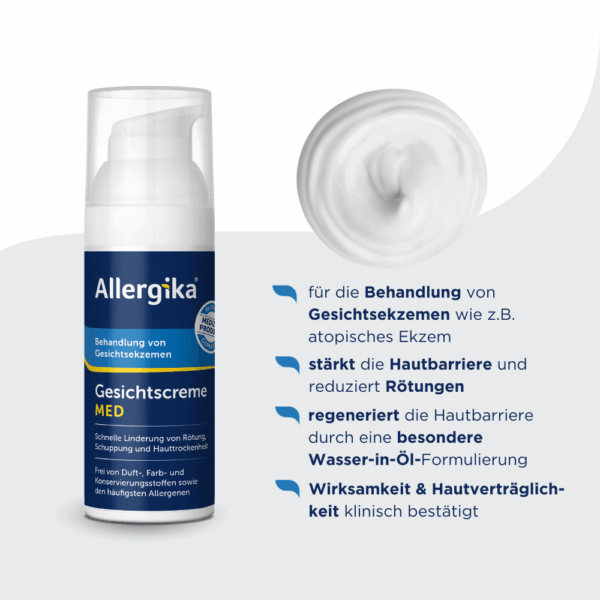 Produktabbildung mit Vorteilen zum Medizinprodukt bei der Gesichtscreme MED von Allergika